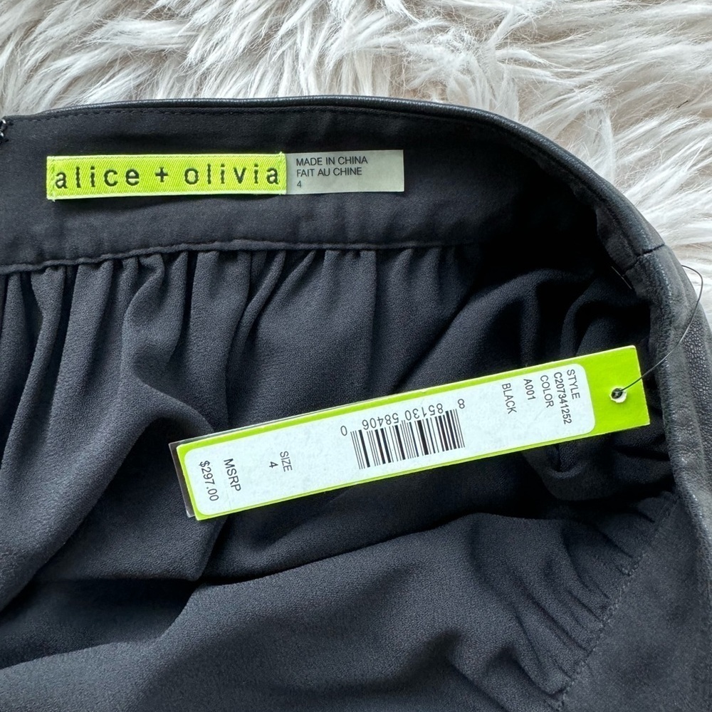 NWT Alice + Olivia Leather Trim Silk Skirt Sz 4 Asymmetrical Classic - Picture 8 of 8